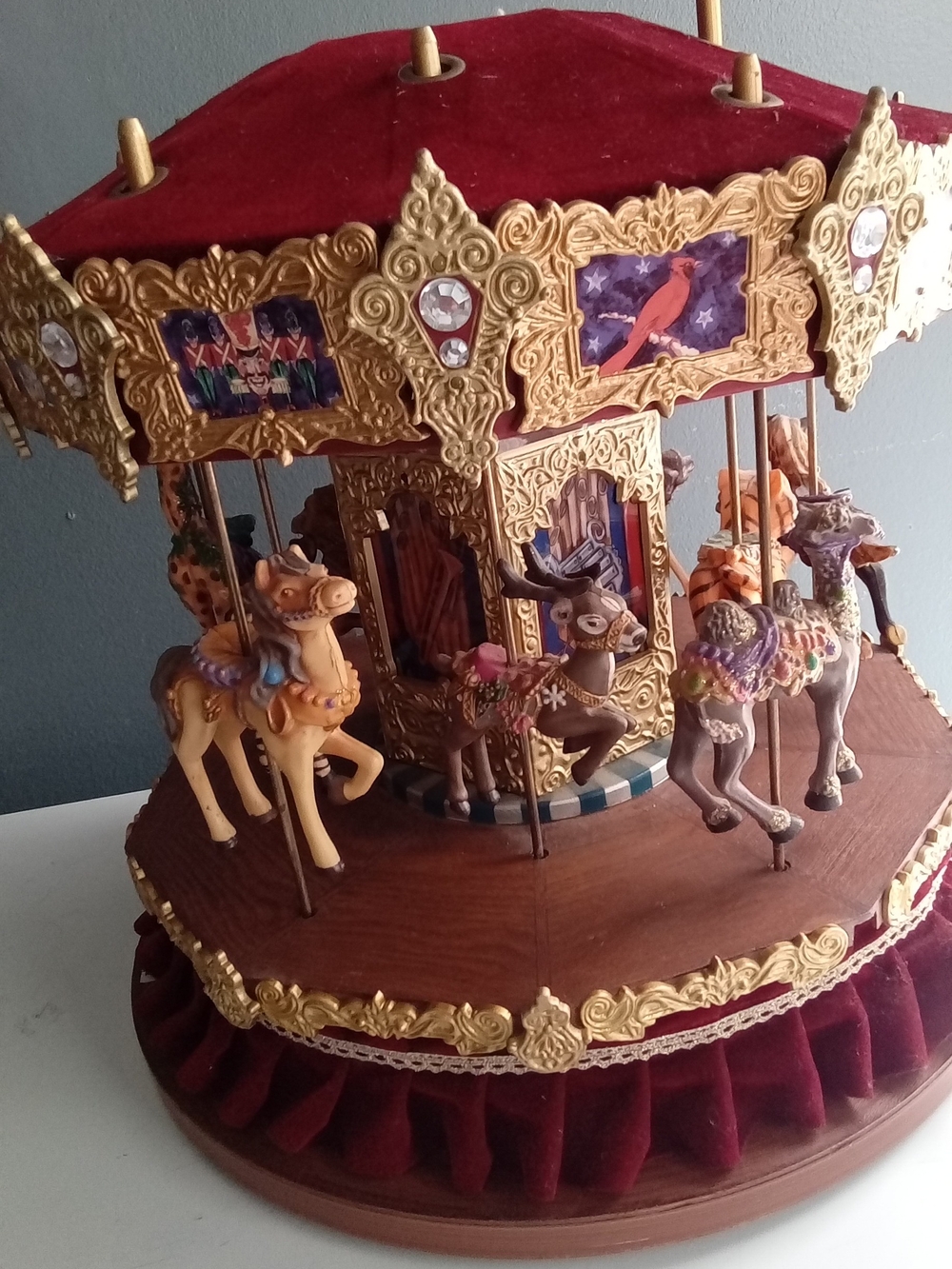 Vintage-Style Red Velvet Carousel Music Box with Gold Accents